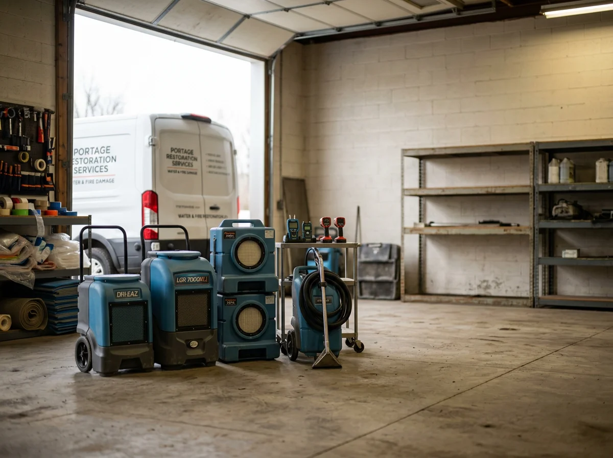 Professional restoration equipment and tools arranged in a service vehicle or workspace, ready for emergency response.