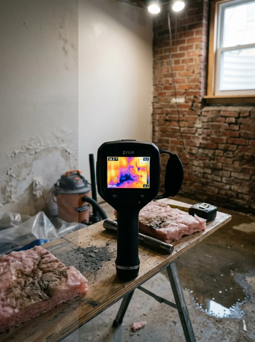Thermal imaging scan showing hidden moisture behind the finished walls of a flooded basement in a Strongsville, Ohio suburban home.