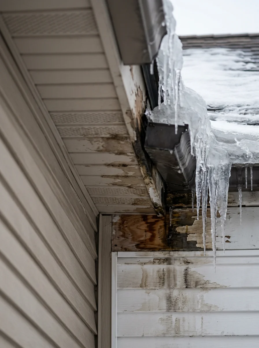 Ice dam damage on the roofline of a Lorain, Ohio home near Lake Erie, with visible water staining on the attic sheathing below.