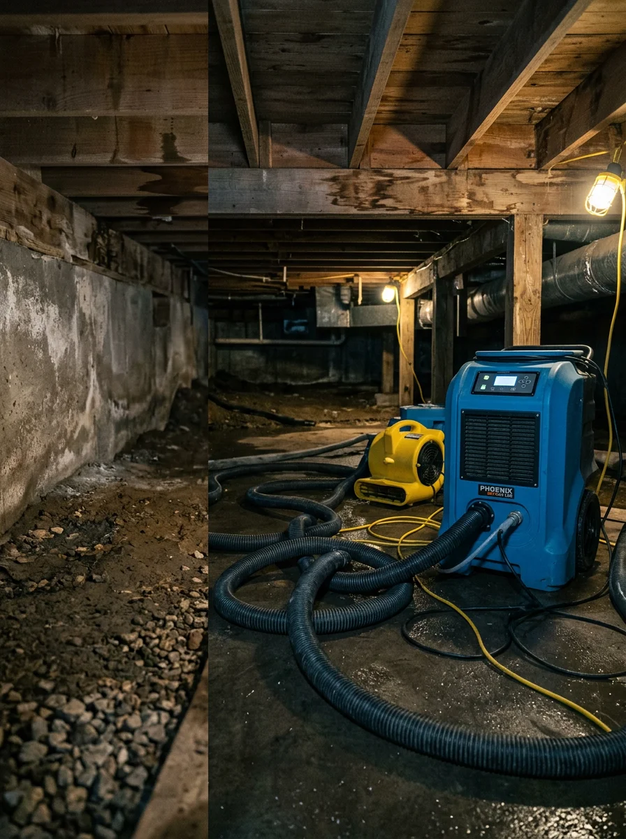 Water extraction equipment operating in a flooded crawl space beneath a ranch-style home in Boardman, Ohio.