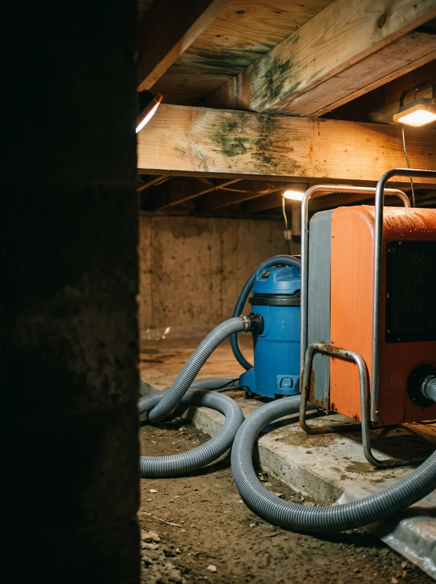 Water extraction equipment operating in a flooded crawl space beneath a ranch home in Brunswick, Ohio, with visible mold on floor joists.