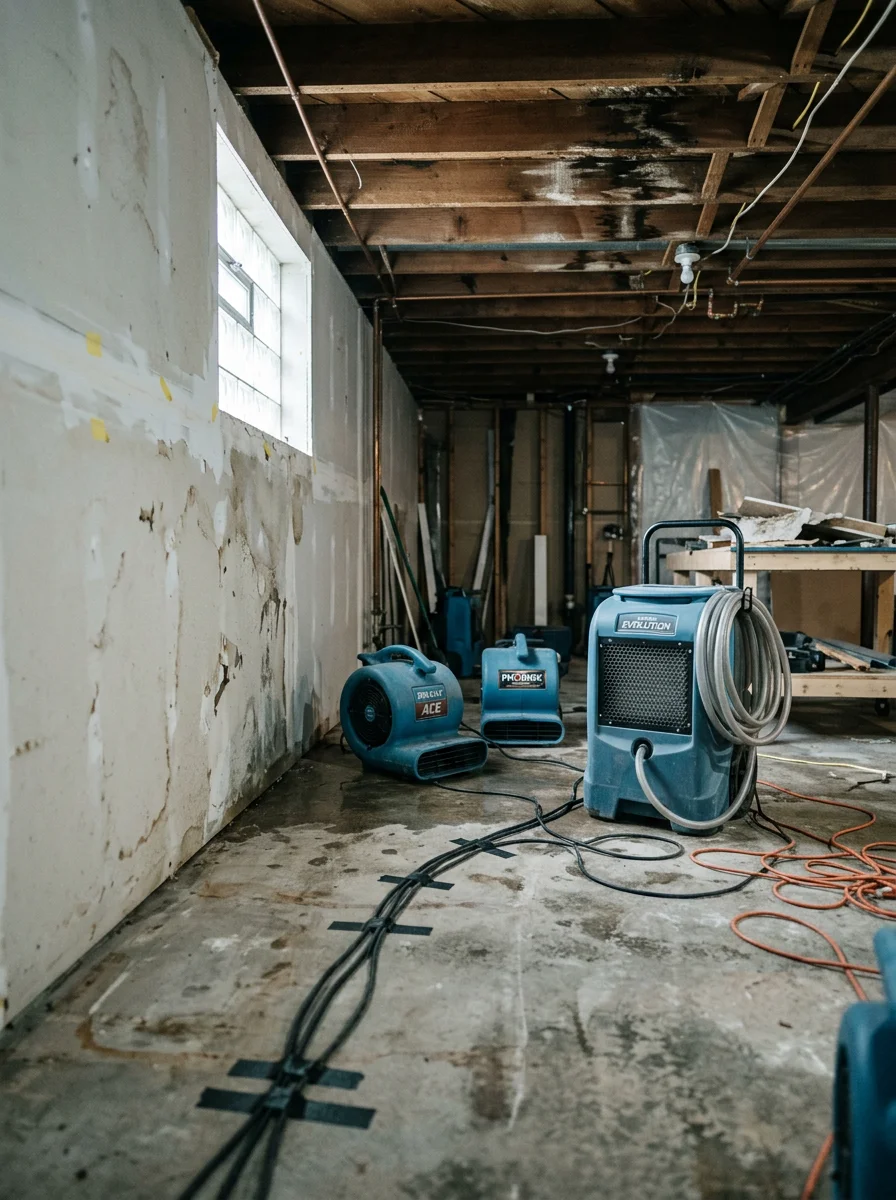 Commercial air movers and dehumidifiers set up in a water-damaged basement in a mid-century home in Kent, Ohio.