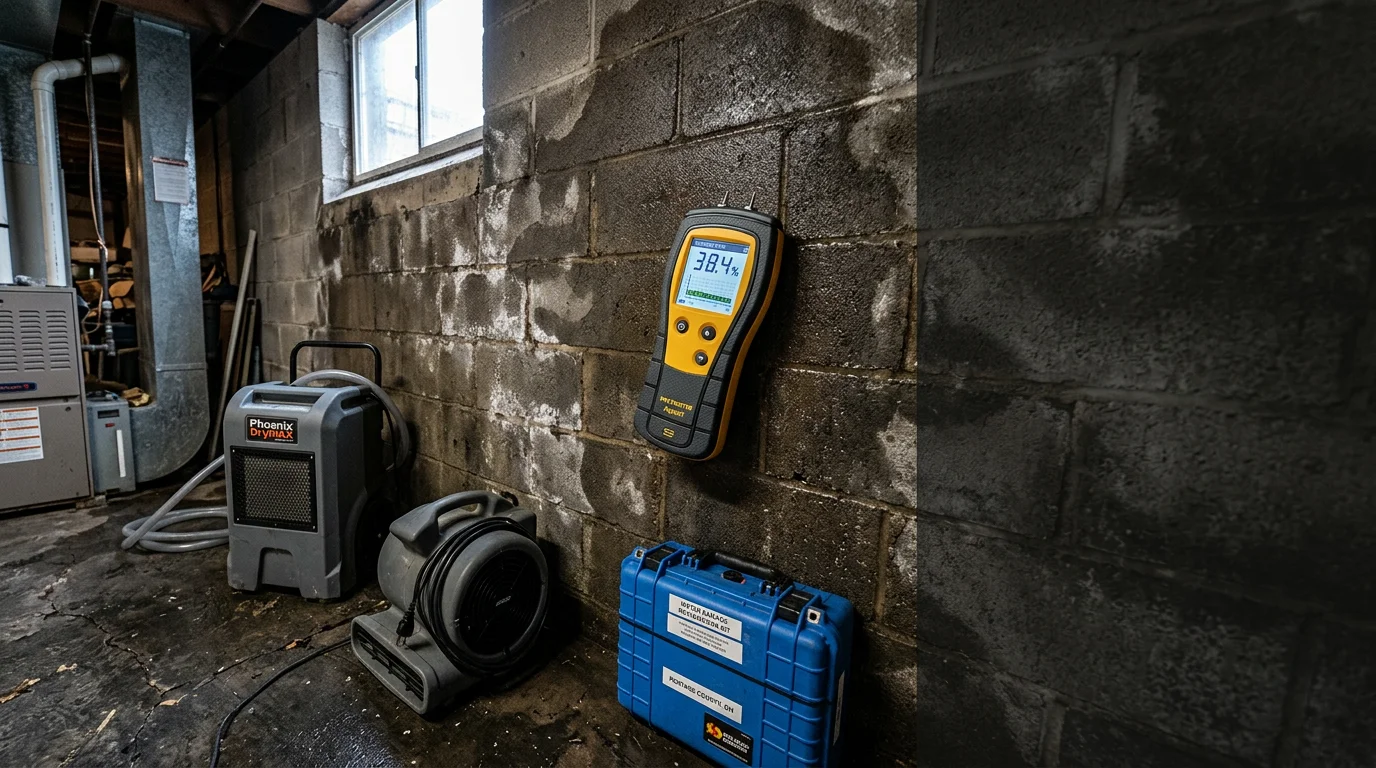Technician in protective gear using a moisture meter on a block basement wall in a Portage County, Ohio home after water intrusion.