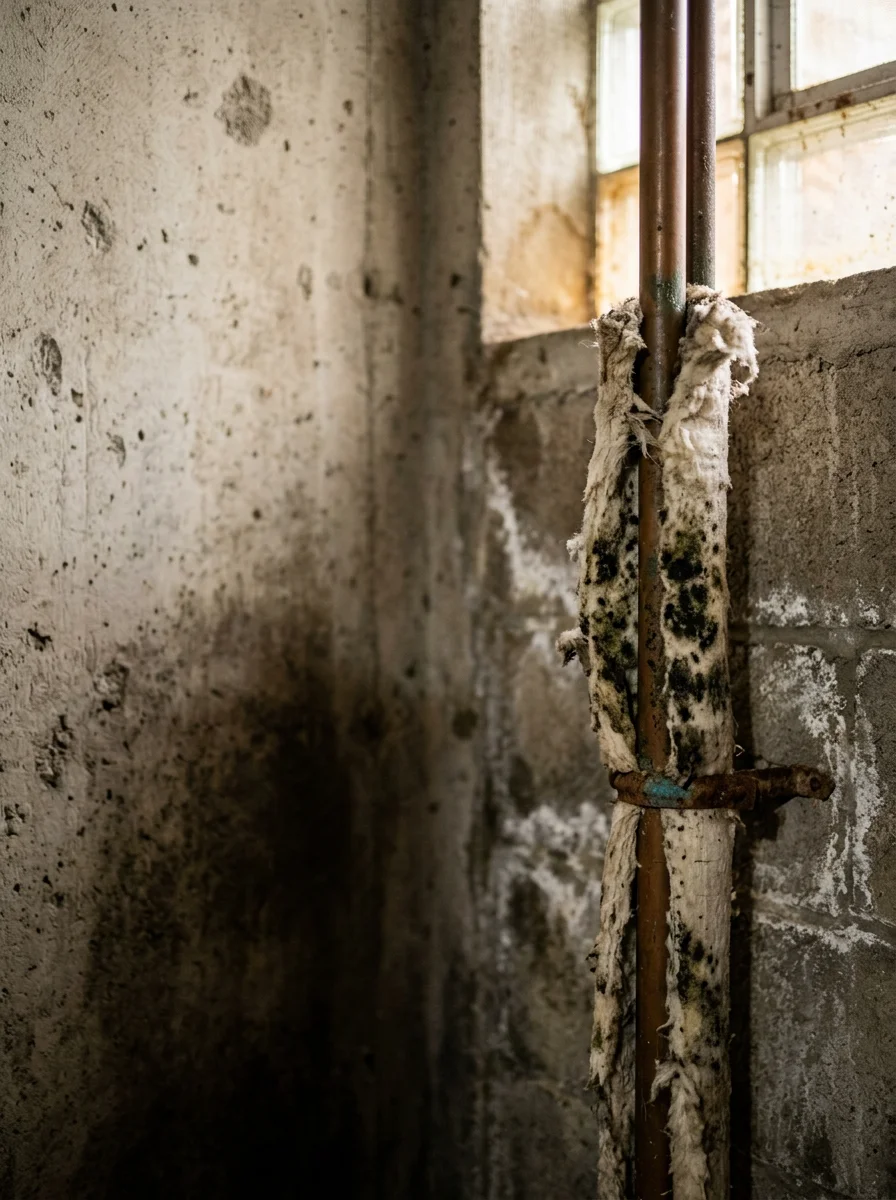 Close-up of asbestos pipe wrap and visible mold growth on a basement wall in an older Massillon, Ohio home during remediation assessment.