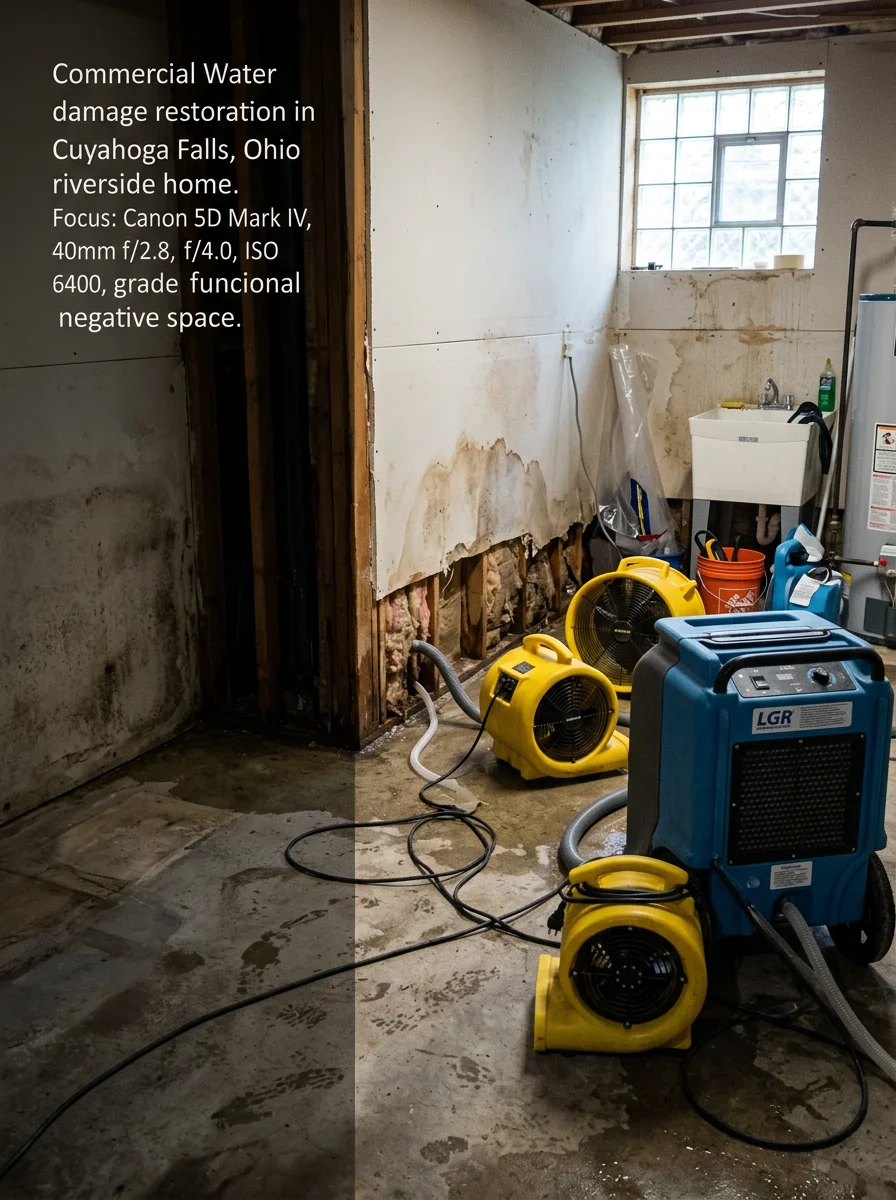 Commercial drying equipment set up inside a flooded finished basement in a Cuyahoga Falls, Ohio home near the river.