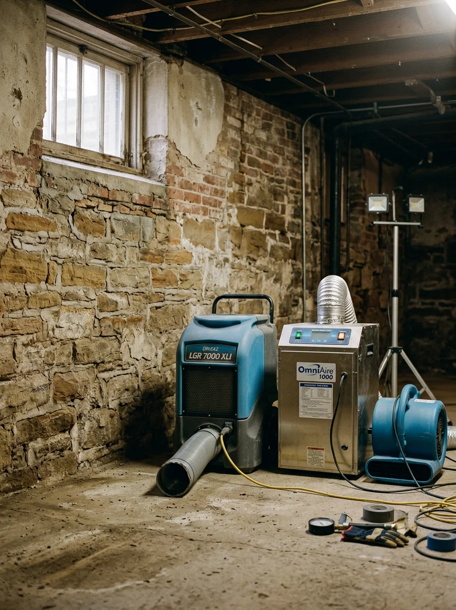 Odor remediation equipment set up in an enclosed basement of an older Niles, Ohio home following mold removal and biohazard cleanup.