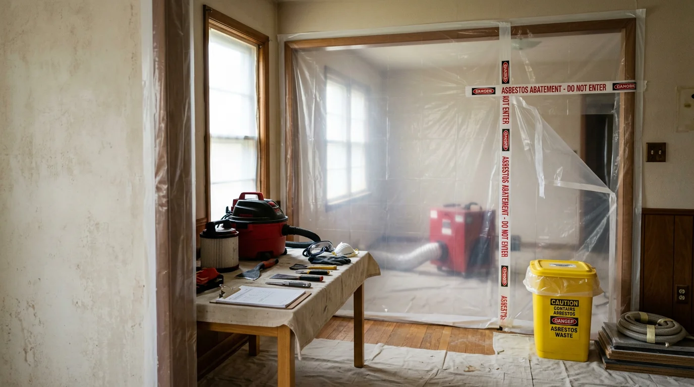 A work crew in full protective gear performing asbestos abatement inside an older residential property in Portage County, Ohio. The work area is sealed with plastic sheeting and negative air pressure equipment is visible in the background.