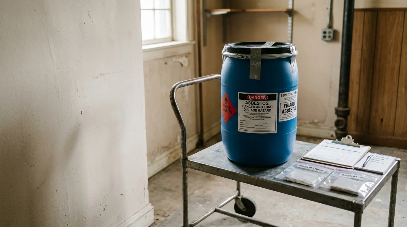 Sealed and labeled asbestos waste containers staged for transport outside a residential property in Portage County, Ohio. A marked transport vehicle is visible in the background, ready for delivery to an Ohio EPA-permitted disposal facility.