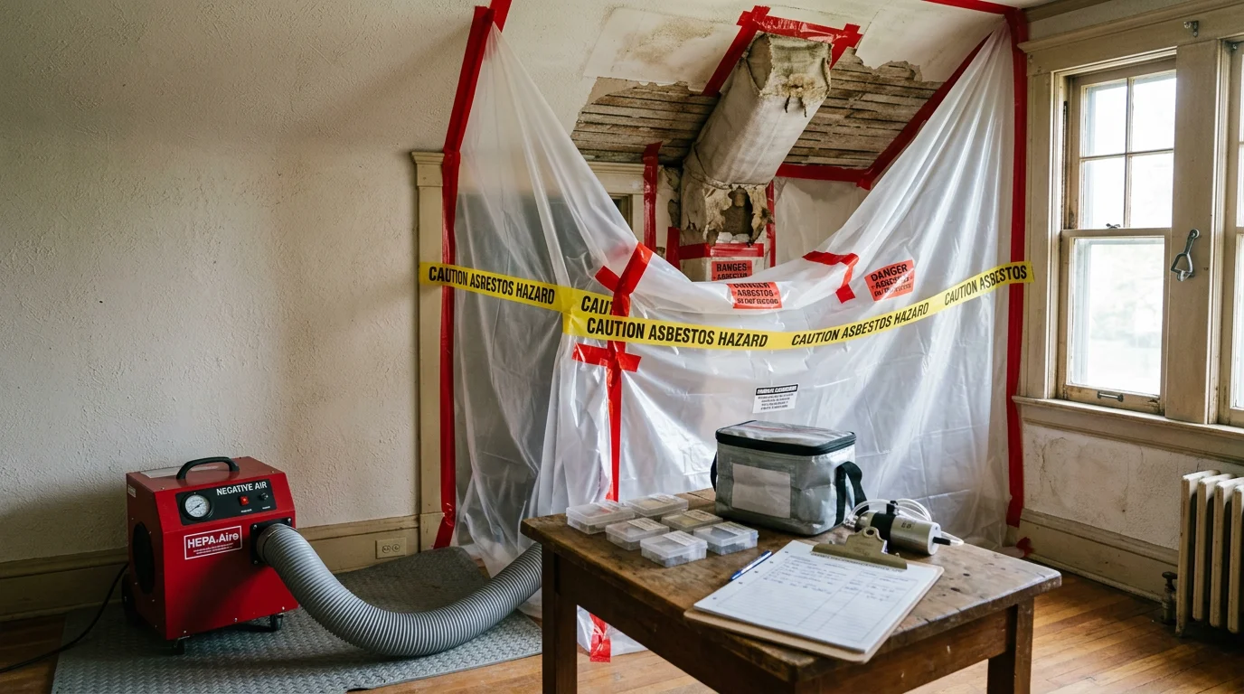 Asbestos remediation work in progress inside an older residential property in Portage County, Ohio, with containment barriers in place around affected building materials. A technician in full protective gear manages the hazard zone during the remediation process.