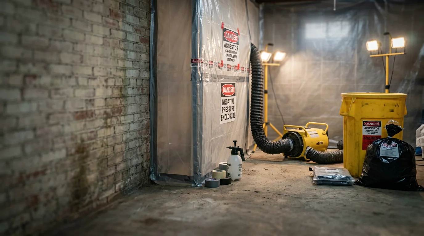 A protective-suited worker carefully removing asbestos-containing floor tiles from an older residential property in Portage County, Ohio. Containment barriers and sealed waste bags are visible in the work area.