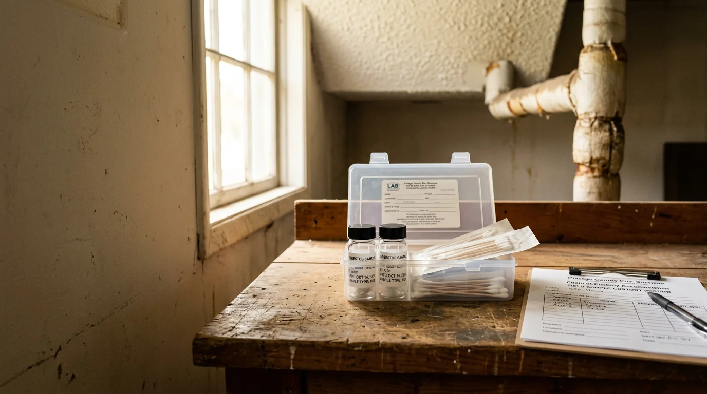 A Tantrum Hygenics technician collecting a material sample from a ceiling tile inside an older home in Portage County, Ohio. The technician works carefully to limit disturbance while preparing the sample for lab analysis.