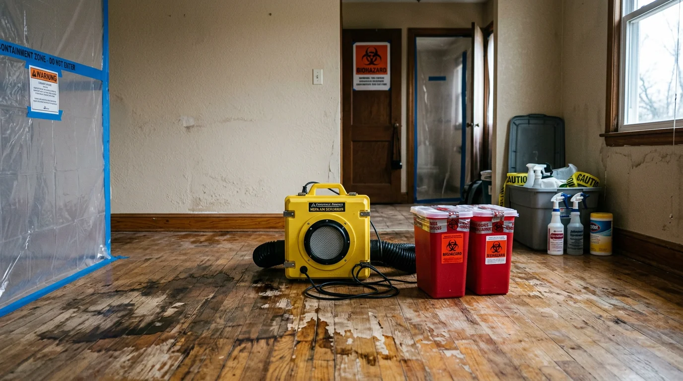 A biohazard cleanup technician in full protective equipment working inside a residential property in Portage County, Ohio. Contaminated flooring has been removed and the affected area is sealed off with containment barriers during the remediation process.