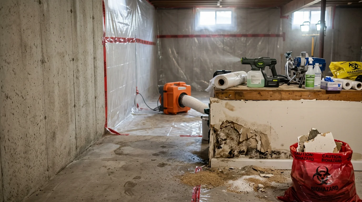 A Tantrum Hygenics technician in full protective gear conducting biohazard decontamination inside a residential property in Portage County, Ohio. Containment barriers are visible in the background with equipment staged for contaminated material removal.