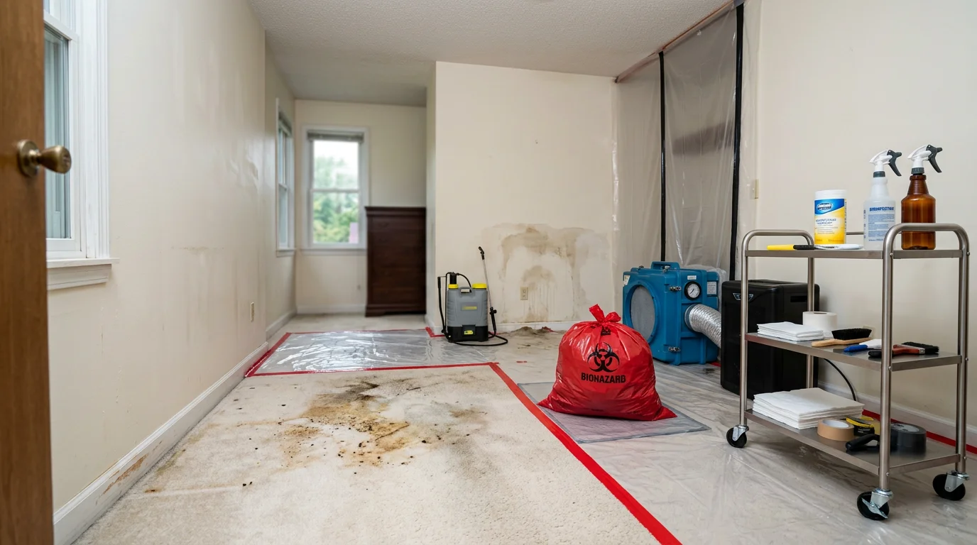 A professional blood cleanup technician in full protective gear assessing a contaminated room in a residential property in Portage County, Ohio. The affected area is isolated and marked for remediation, with biohazard disposal bags staged nearby.
