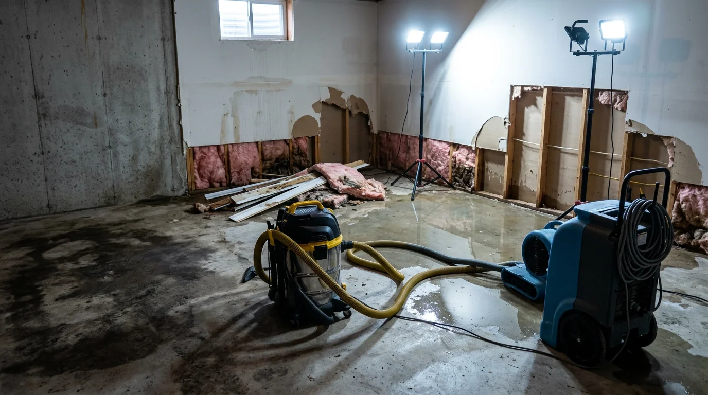 A flooded basement in a Portage County home with standing water covering the floor and waterlogged walls. A technician from Tantrum Hygenics sets up water removal equipment to begin the flood damage cleanup process.