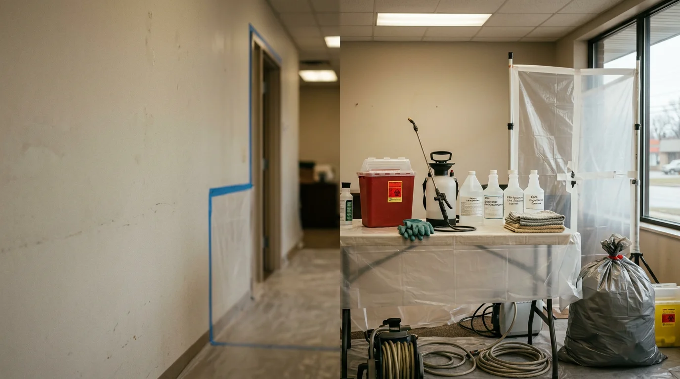 A Tantrum Hygenics technician in full protective gear treating contaminated surfaces inside a Portage County residential property during an infectious disease cleanup. The affected room is visibly contained with protective barriers separating it from the rest of the home.