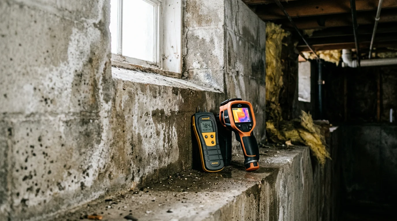 A water damage restoration technician using a moisture meter on a drywall surface inside a Portage County home. Thermal imaging equipment sits nearby, showing temperature variation across a wall with hidden moisture.
