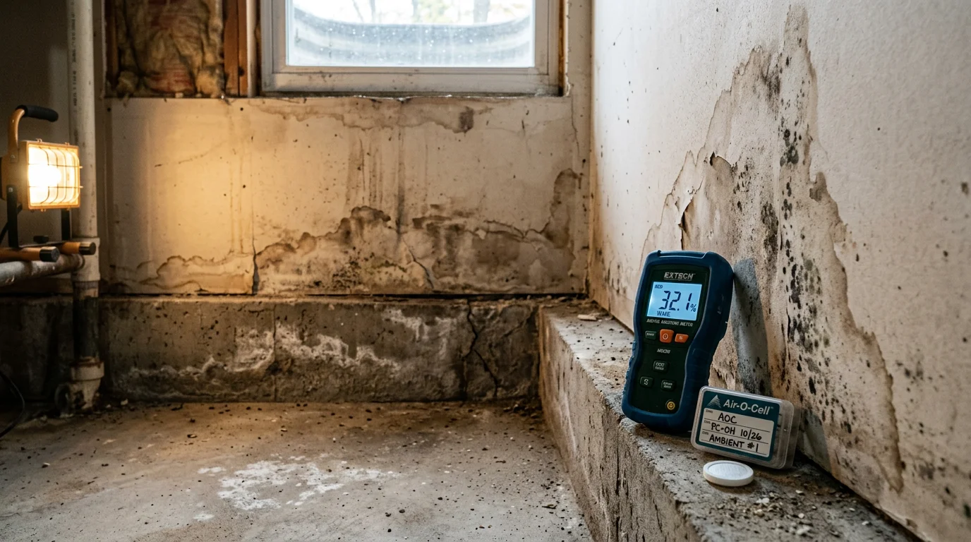 A Tantrum Hygenics technician using a moisture meter to check a basement wall in a Portage County home during a professional mold inspection. The image shows a damp concrete block wall with visible discoloration being assessed for hidden mold growth.