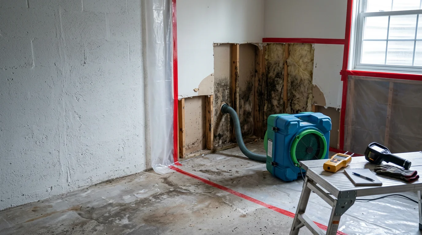 A technician in protective gear treating mold-affected drywall inside a Portage County, Ohio home basement. Containment barriers are visible in the background, isolating the work area from the rest of the property.