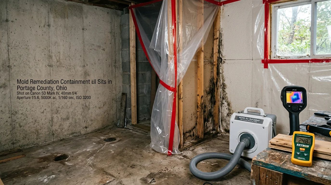A mold removal technician in protective gear removing mold-damaged drywall from a basement in a Portage County, Ohio home. Plastic containment sheeting is visible in the background, separating the work area from the rest of the property.