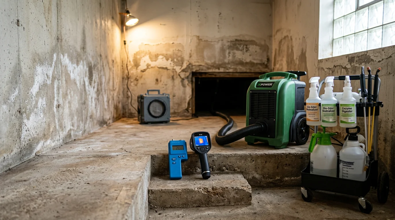 A restored living room interior in a Portage County home after professional odor elimination treatment, with clean walls and no visible signs of water damage or moisture. A Tantrum Hygenics technician reviews the treated area in a residential setting in Northeast Ohio.