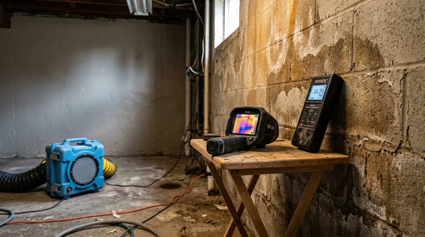 A Tantrum Hygenics technician inspecting a water-damaged basement in Portage County, Ohio, where persistent musty odors are being traced to moisture trapped behind the foundation wall.
