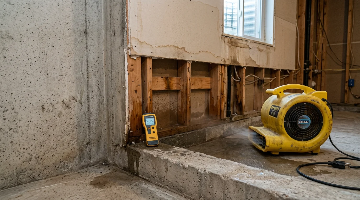 A structural drying setup inside a Portage County home showing air movers and dehumidifiers positioned along a water-damaged wall with exposed framing. A technician holds a moisture meter against the drywall to check internal moisture readings.