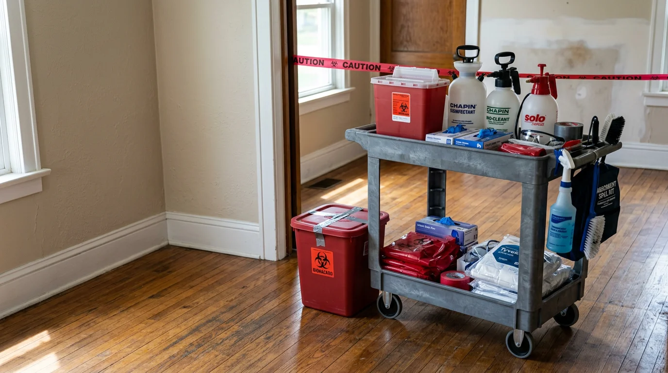 A cleaned and restored residential room in Portage County, Ohio, after professional trauma scene cleanup, showing disinfected flooring and walls with no visible biological material remaining.