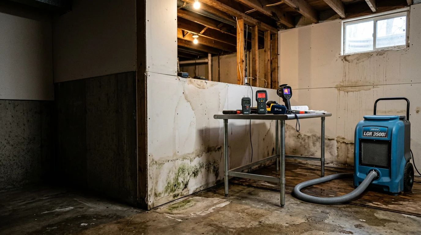 A water-damaged interior room in a Portage County home showing buckled flooring and water-stained drywall along the base of the walls. A restoration technician inspects the affected area as part of a water damage restoration assessment.