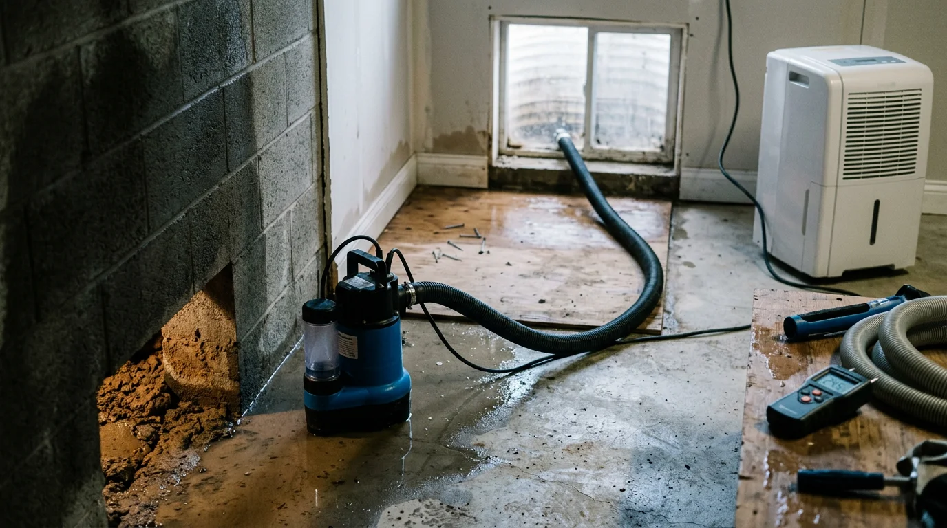 A water extraction technician removing standing water from a flooded basement in a Portage County home using professional extraction equipment. The basement floor shows pooled water being actively pulled out near the foundation wall.